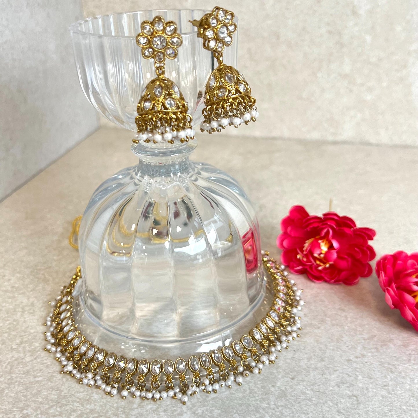 Clear Thin Necklace Set Small Jhumka Earring/No Tikka/ Indian/ Pakistani/Fashion Jewellery/ Gift for Women/ Antique Gold with Clear Crystal