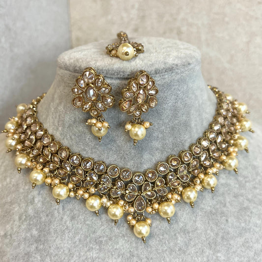 Pearl Antique Gold with Champagne Zircon Crystals.  Necklace Set Small Stud Earring and Tikka/ Indian/ Pakistani/Fashion Jewellery/ Gift