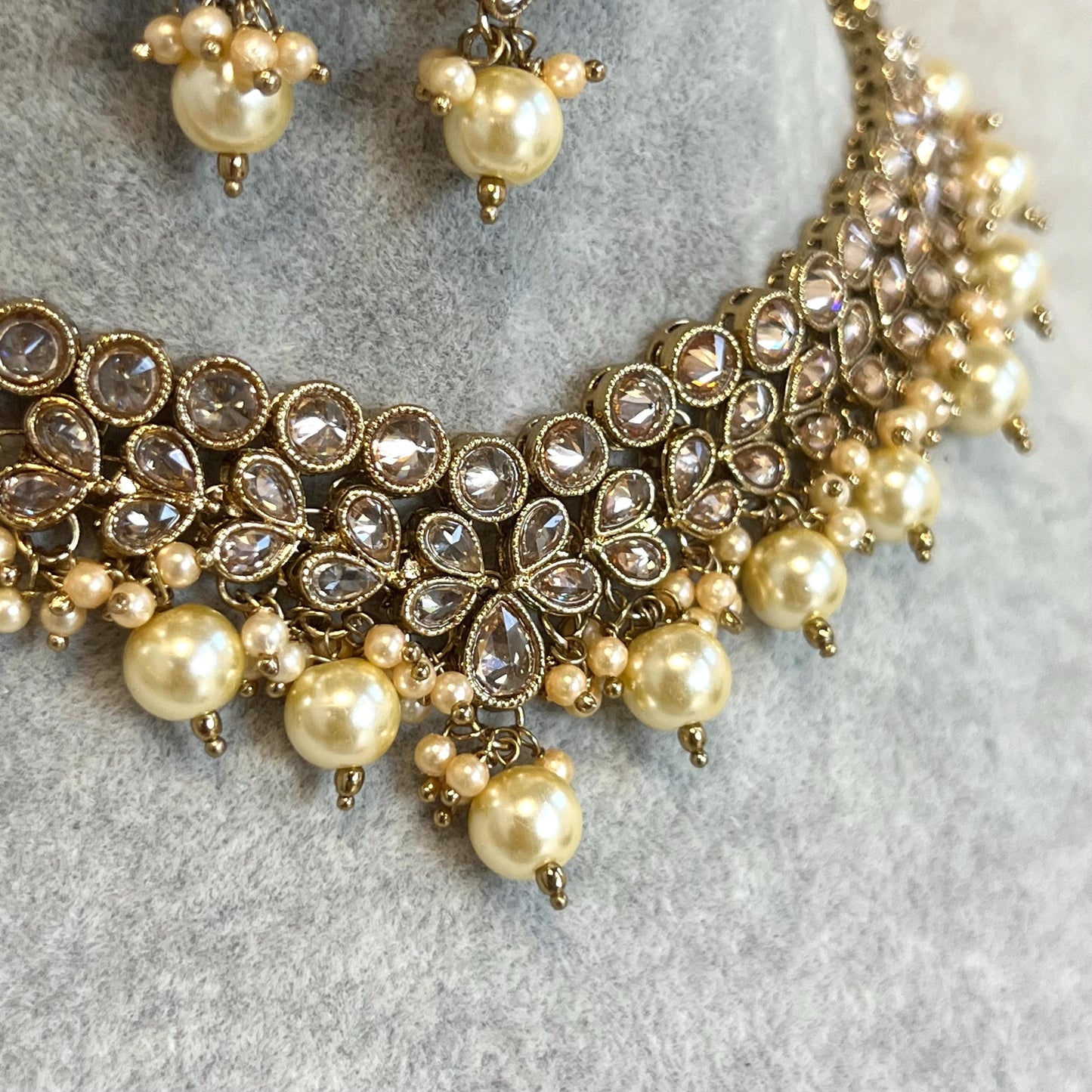 Pearl Antique Gold with Champagne Zircon Crystals.  Necklace Set Small Stud Earring and Tikka/ Indian/ Pakistani/Fashion Jewellery/ Gift