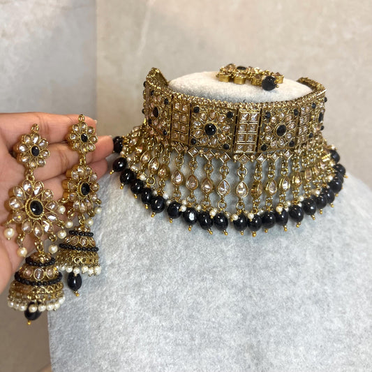 Black/ Large Antique Gold Crystal Choker set with Jhumka Earring and Tikka.  Indian/ Pakistani Style/ Wedding/ Fashion Jewellery