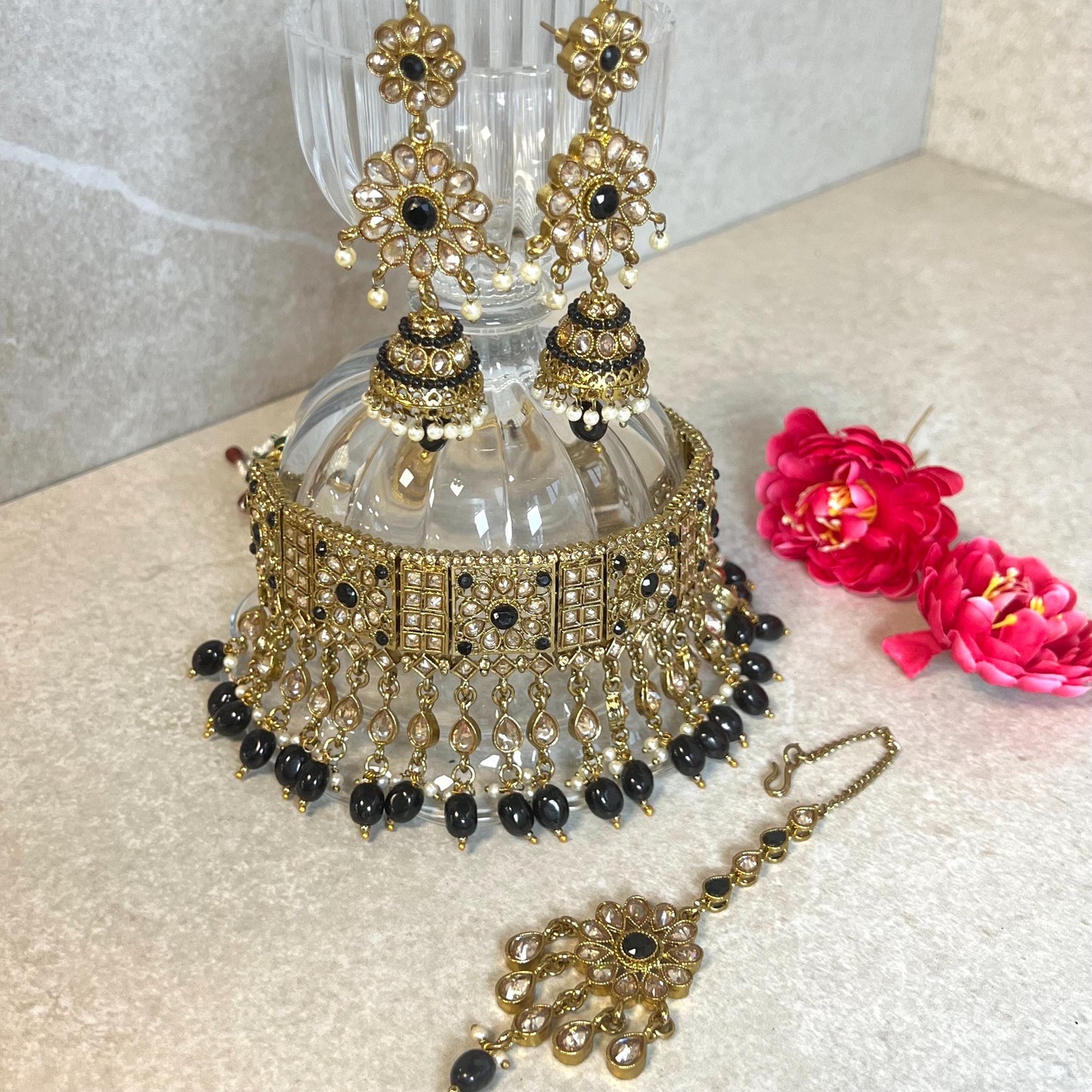 Black/ Large Antique Gold Crystal Choker set with Jhumka Earring and Tikka.  Indian/ Pakistani Style/ Wedding/ Fashion Jewellery