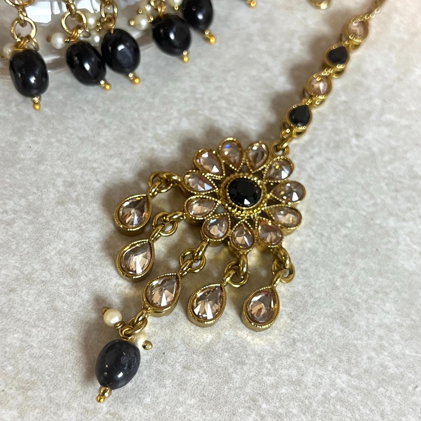Black/ Large Antique Gold Crystal Choker set with Jhumka Earring and Tikka.  Indian/ Pakistani Style/ Wedding/ Fashion Jewellery