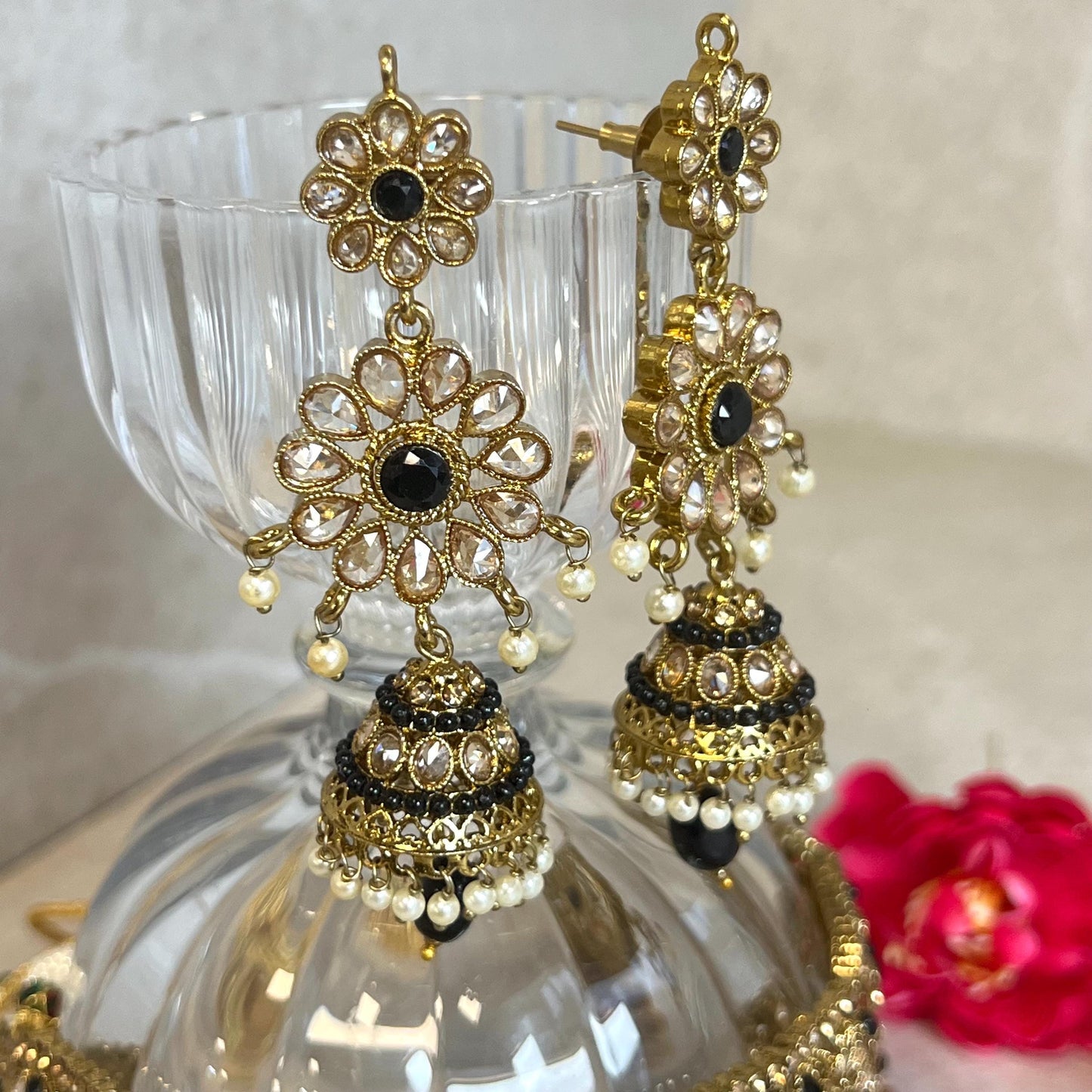 Black/ Large Antique Gold Crystal Choker set with Jhumka Earring and Tikka.  Indian/ Pakistani Style/ Wedding/ Fashion Jewellery