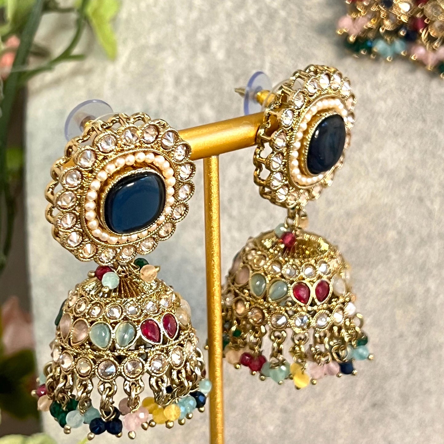 Navy -Multicoloured Choker Set with Jhumka Earring and Tikka/ Antique Gold with Champagne Zircon Crystal/Asian Jewellery/ Multiple Colours