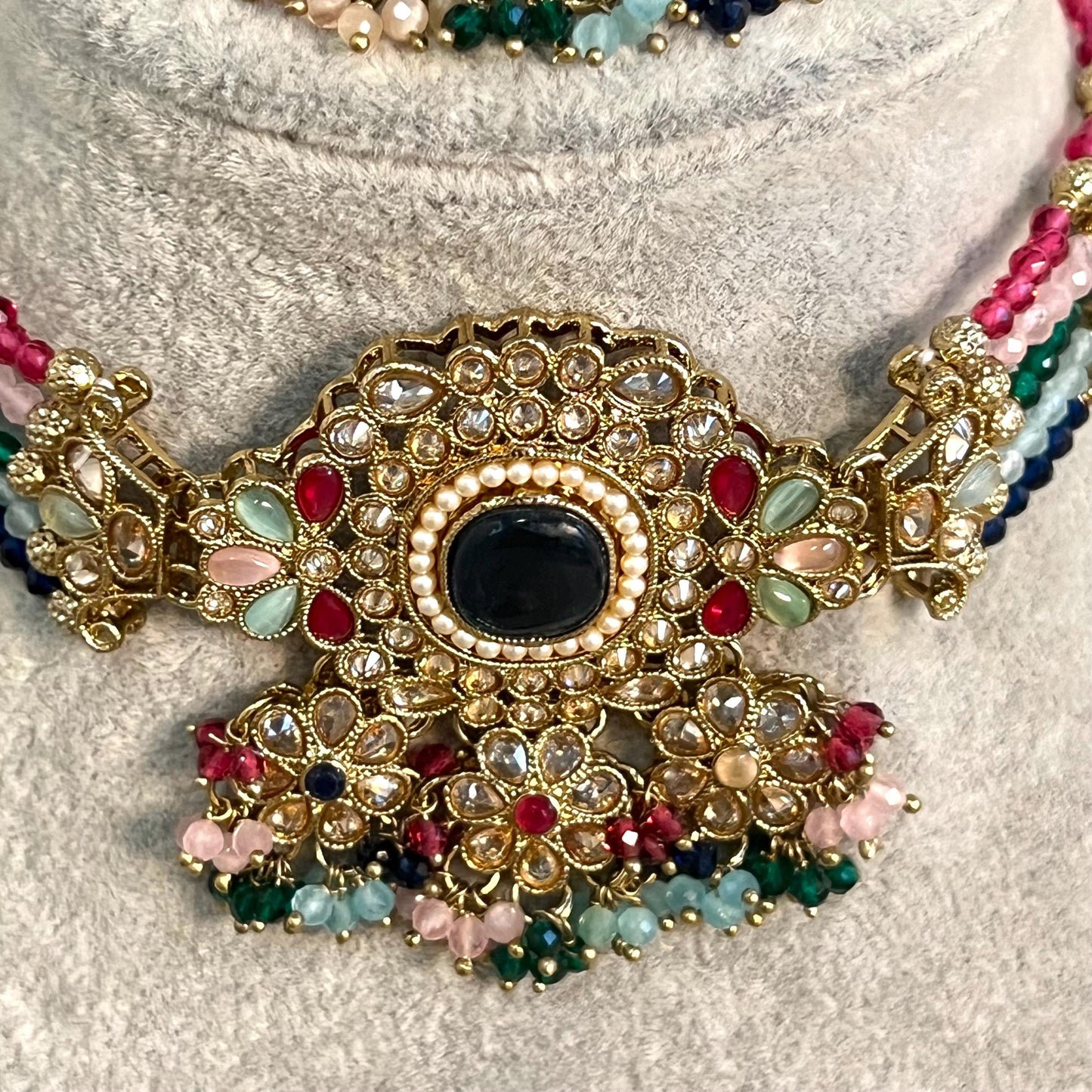 Navy -Multicoloured Choker Set with Jhumka Earring and Tikka/ Antique Gold with Champagne Zircon Crystal/Asian Jewellery/ Multiple Colours