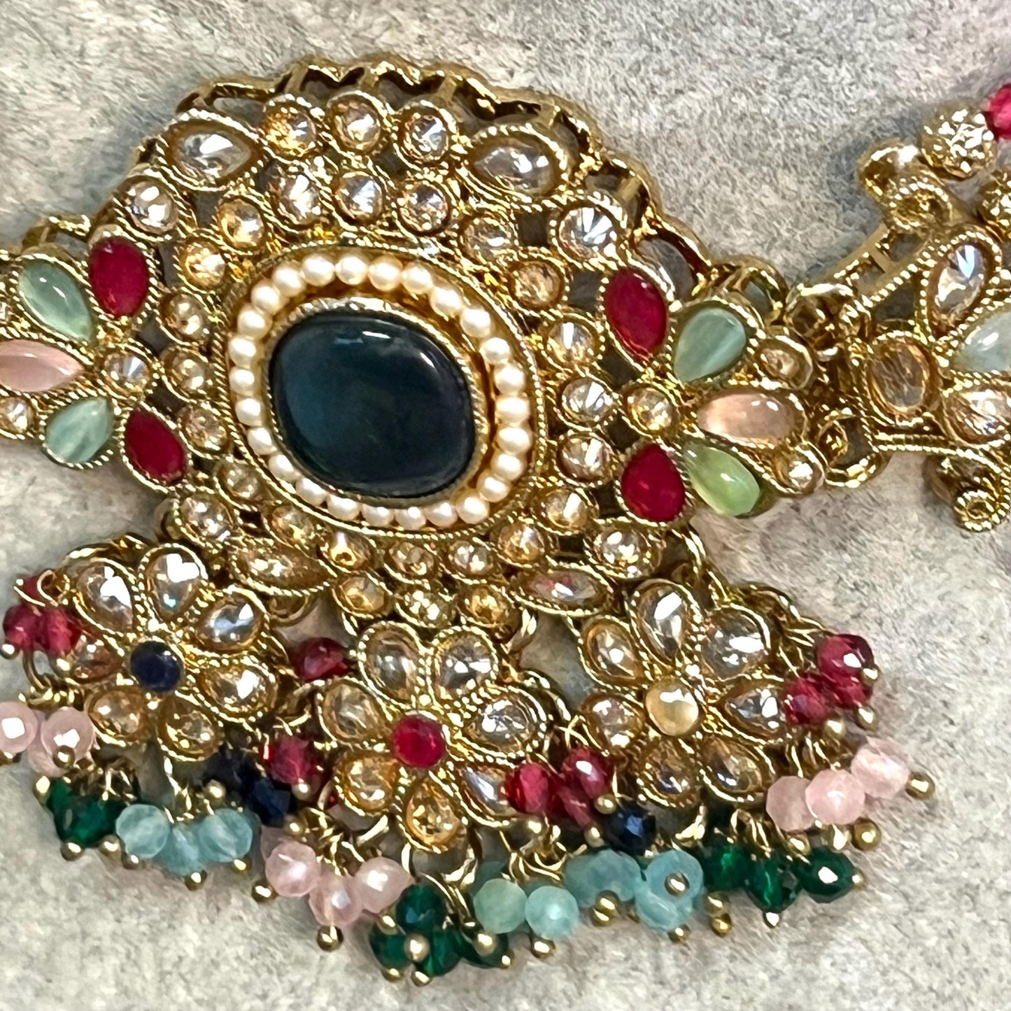 Navy -Multicoloured Choker Set with Jhumka Earring and Tikka/ Antique Gold with Champagne Zircon Crystal/Asian Jewellery/ Multiple Colours