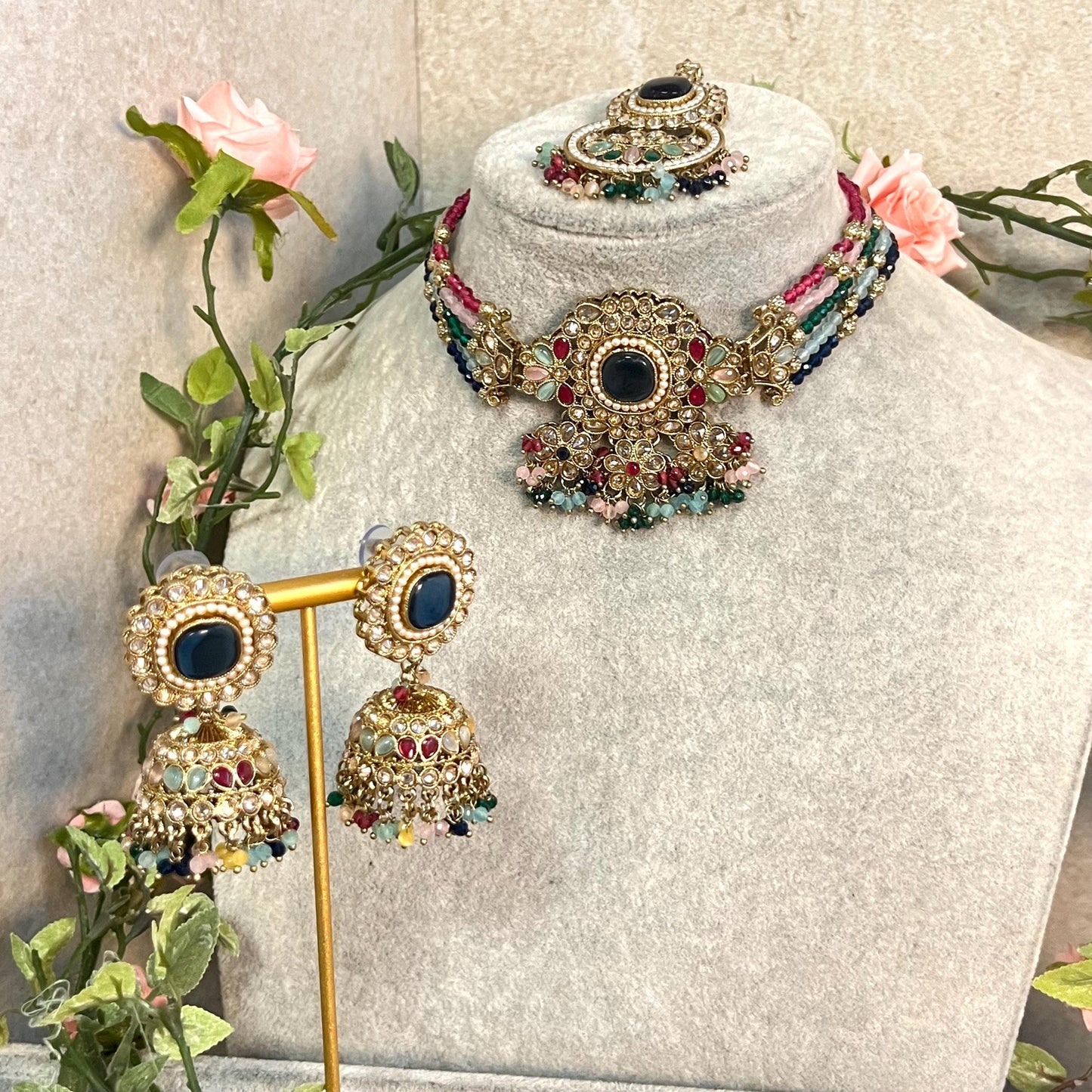 Navy -Multicoloured Choker Set with Jhumka Earring and Tikka/ Antique Gold with Champagne Zircon Crystal/Asian Jewellery/ Multiple Colours