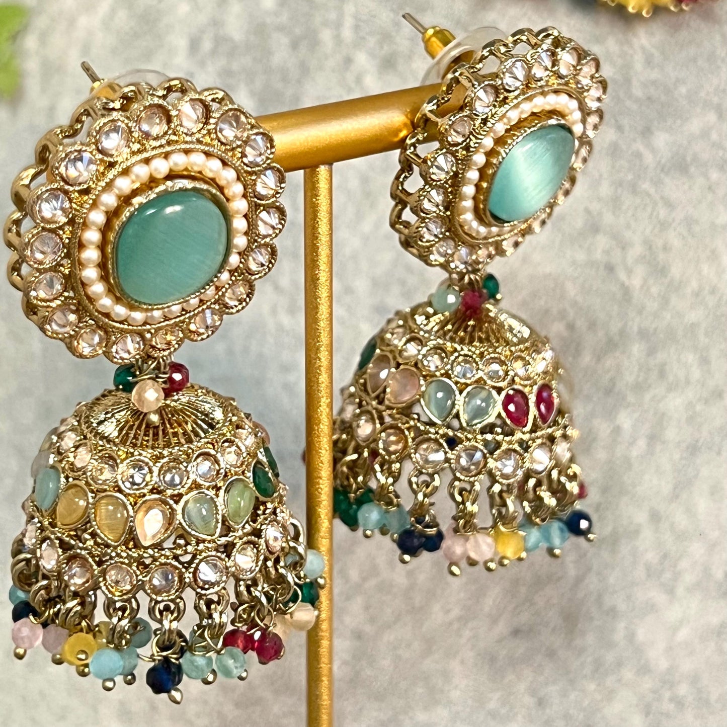 Mint -Multicoloured Choker Set with Jhumka Earring and Tikka/ Antique Gold with Champagne Zircon Crystal/Asian Jewellery/ Multiple Colours