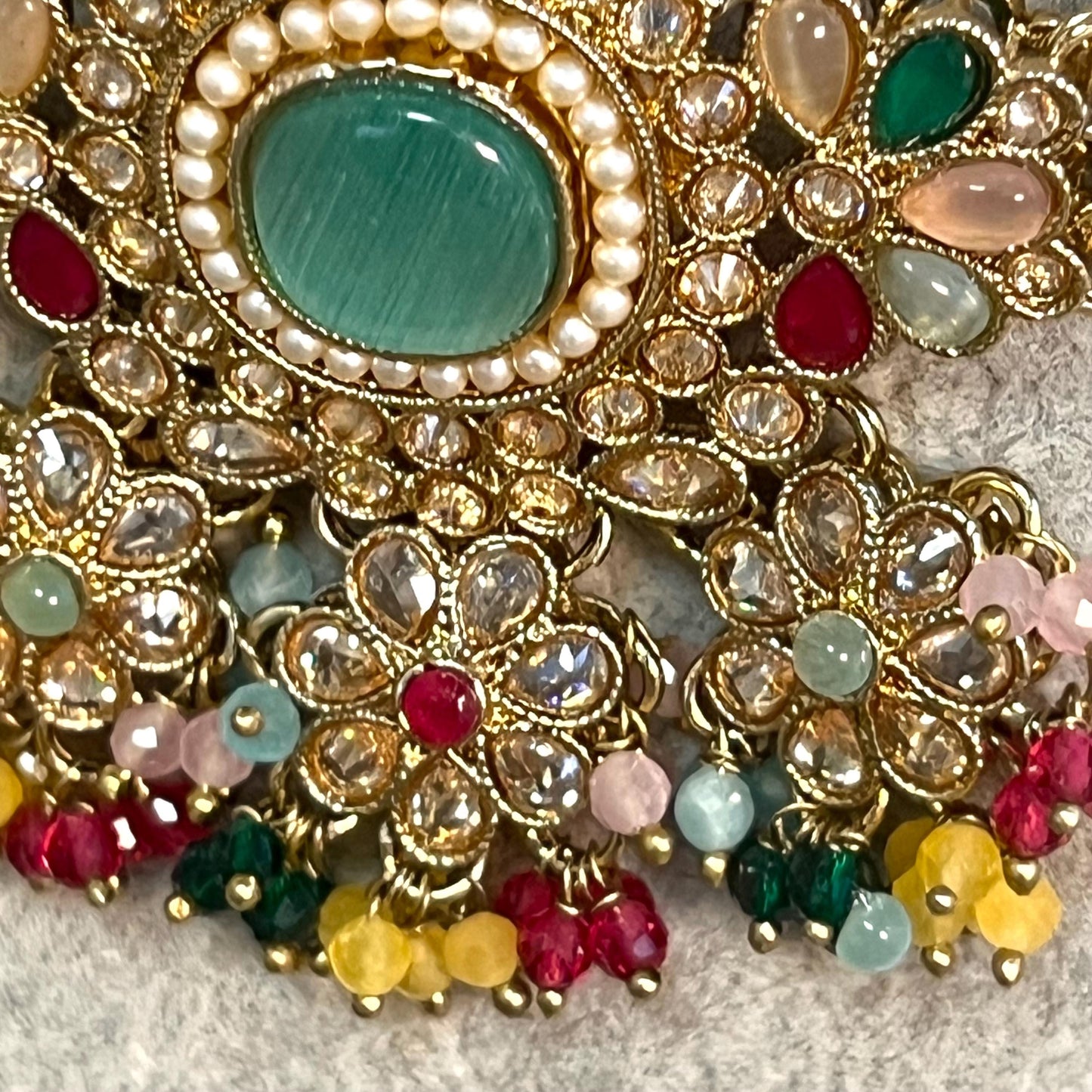 Mint -Multicoloured Choker Set with Jhumka Earring and Tikka/ Antique Gold with Champagne Zircon Crystal/Asian Jewellery/ Multiple Colours