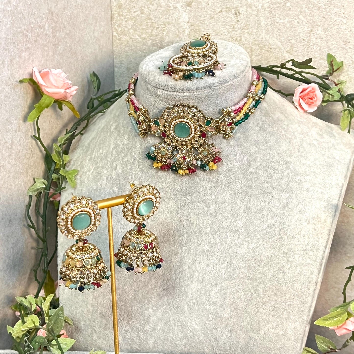 Mint -Multicoloured Choker Set with Jhumka Earring and Tikka/ Antique Gold with Champagne Zircon Crystal/Asian Jewellery/ Multiple Colours