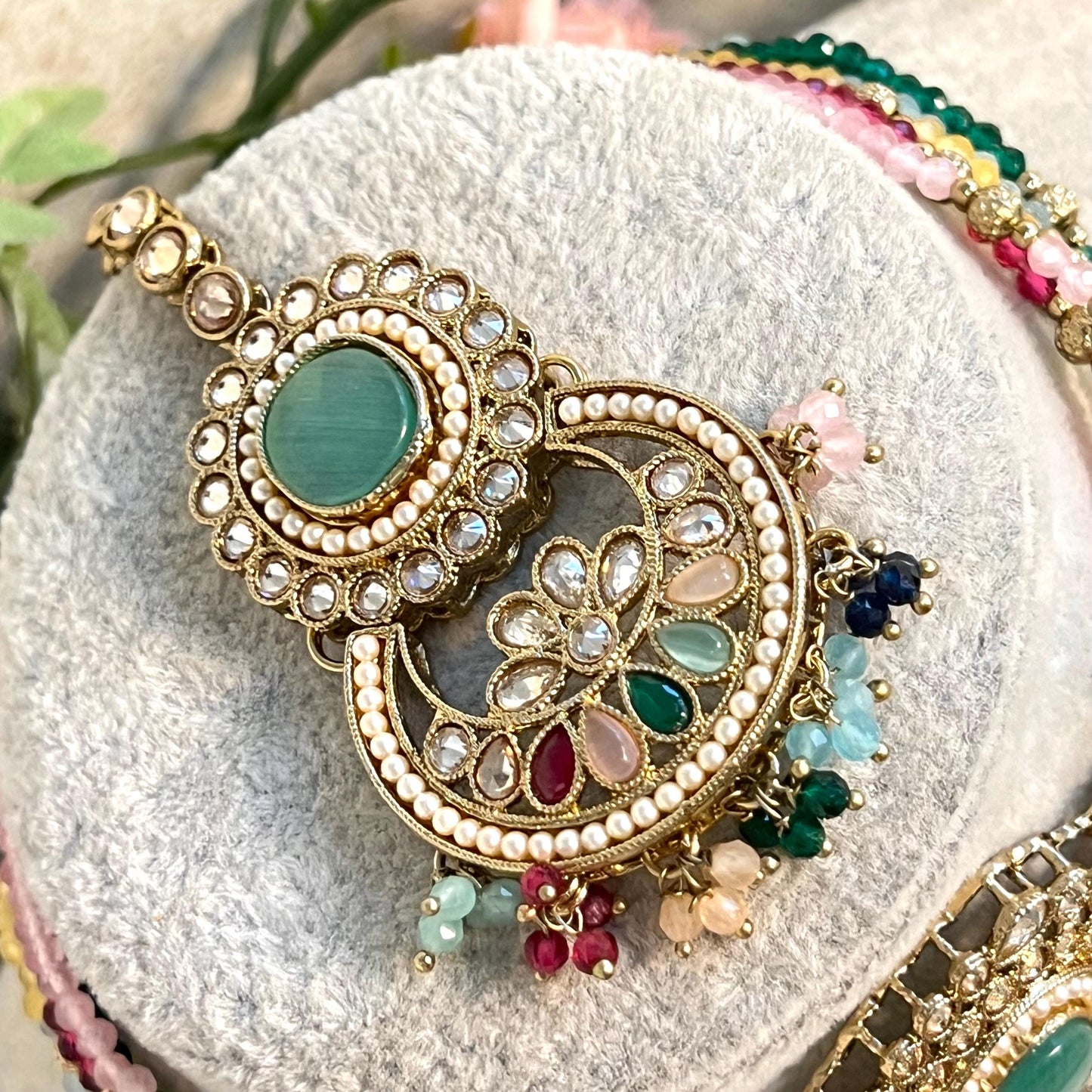 Mint -Multicoloured Choker Set with Jhumka Earring and Tikka/ Antique Gold with Champagne Zircon Crystal/Asian Jewellery/ Multiple Colours