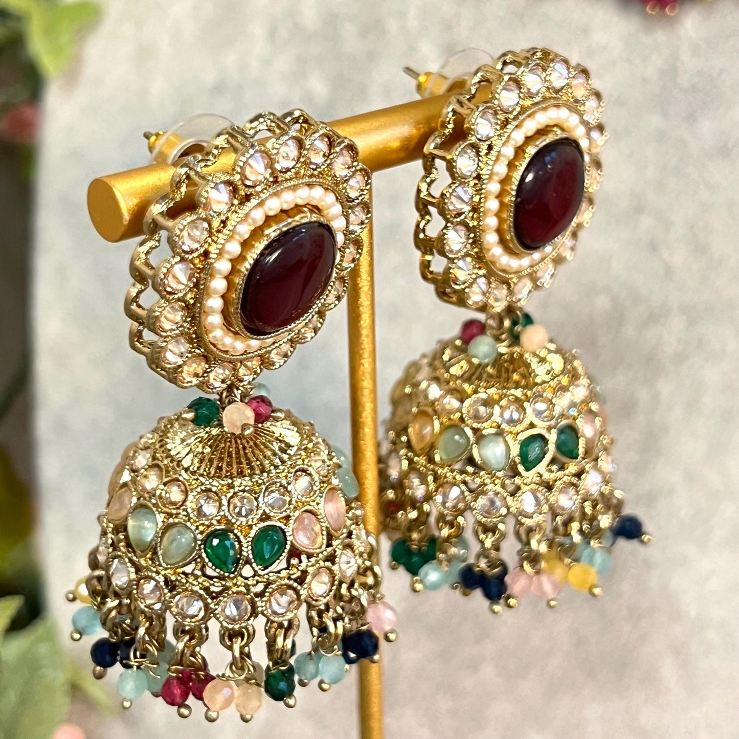 Maroon -Multicoloured Choker Set with Jhumka Earring and Tikka/ Antique Gold with Champagne Zircon Crystal/Asian Jewellery/ Multiple Colours