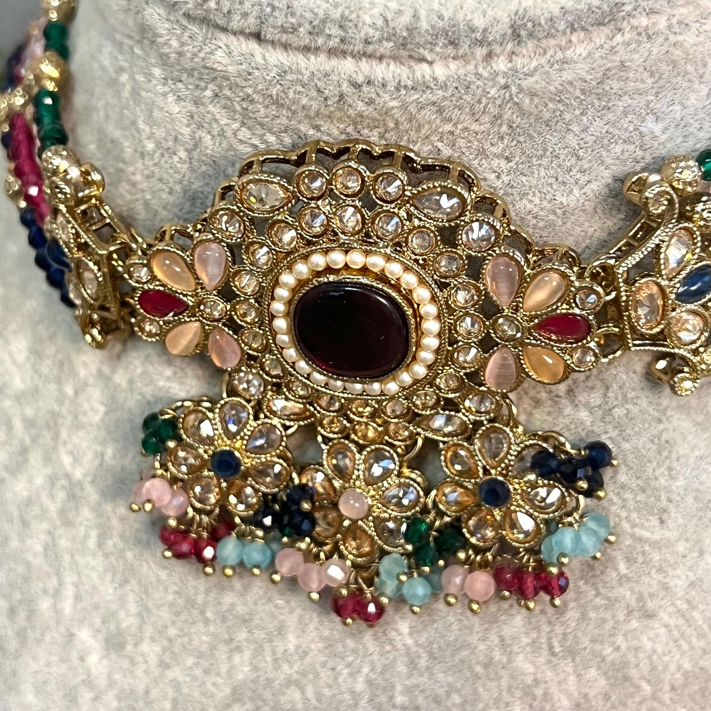Maroon -Multicoloured Choker Set with Jhumka Earring and Tikka/ Antique Gold with Champagne Zircon Crystal/Asian Jewellery/ Multiple Colours