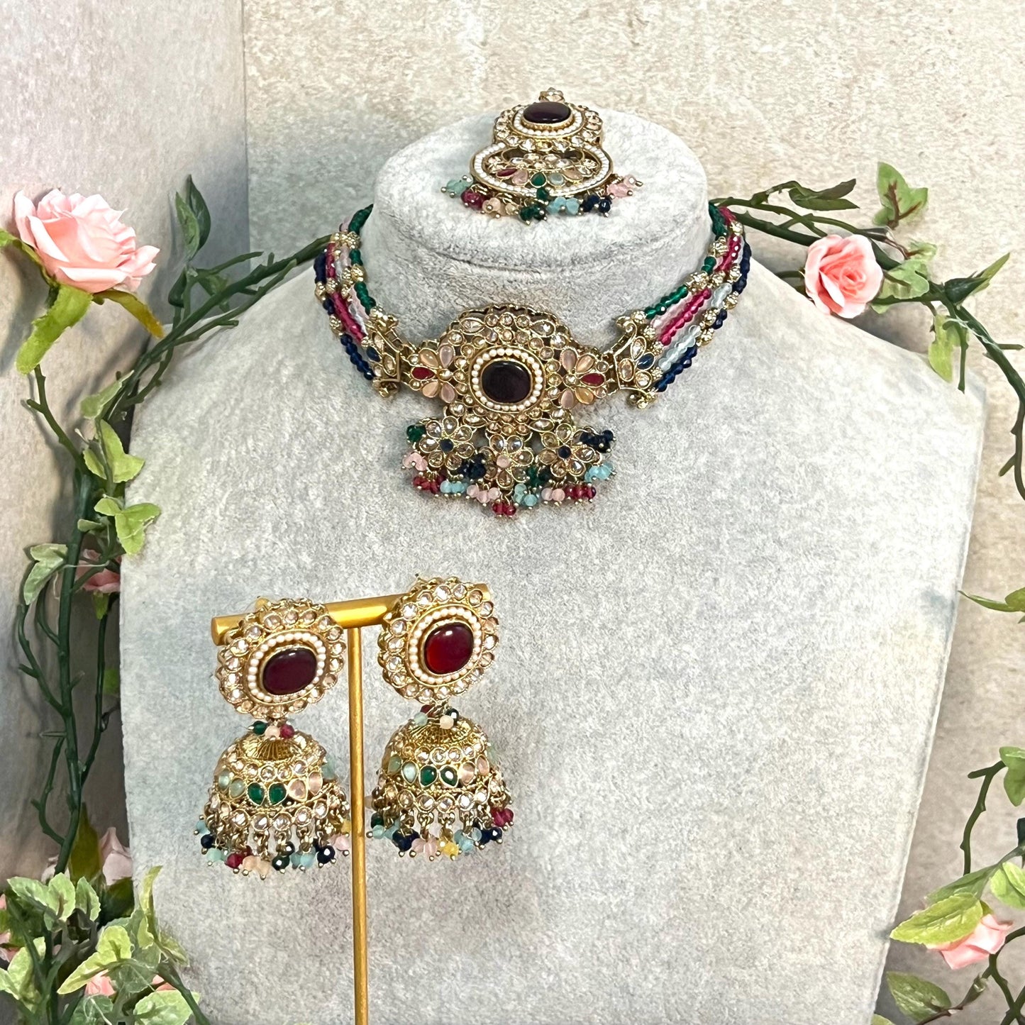 Maroon -Multicoloured Choker Set with Jhumka Earring and Tikka/ Antique Gold with Champagne Zircon Crystal/Asian Jewellery/ Multiple Colours