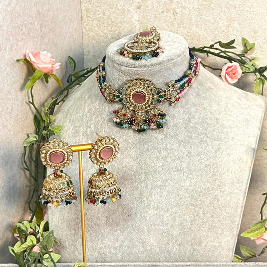Pink -Multicoloured Choker Set with Jhumka Earring and Tikka/ Antique Gold with Champagne Zircon Crystal/Asian Jewellery/ Multiple Colours