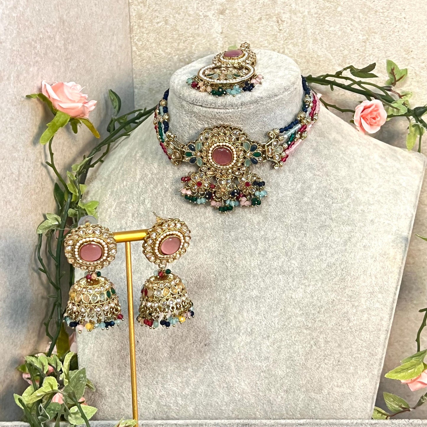 Pink -Multicoloured Choker Set with Jhumka Earring and Tikka/ Antique Gold with Champagne Zircon Crystal/Asian Jewellery/ Multiple Colours