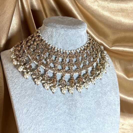 Pearl Antique Gold Crystal Necklace Only, Antique gold with Champagne Zircon Crystals- Indian/ Pakistani Style/Bridal set/Wedding/ Gold