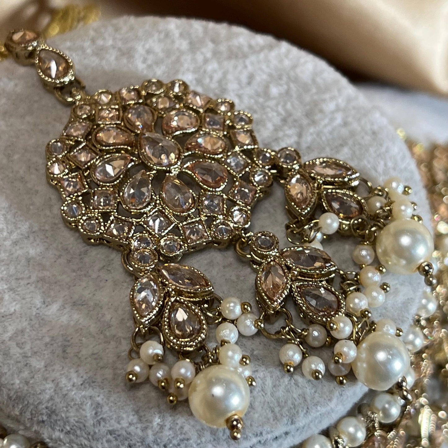 Pearl Double Bridal Set , Antique gold with Champagne Zircon Crystals- Indian/ Pakistani Style/Bridal set/Wedding/ Gold/ Jhumka earring