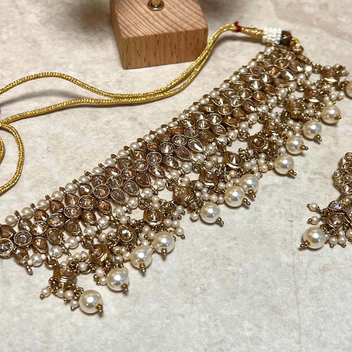 Pearl Choker Bridal Set , Antique gold with Champagne Zircon Crystals- Indian/ Pakistani Style/Bridal set/Wedding/ Gold/ Jhumka earring