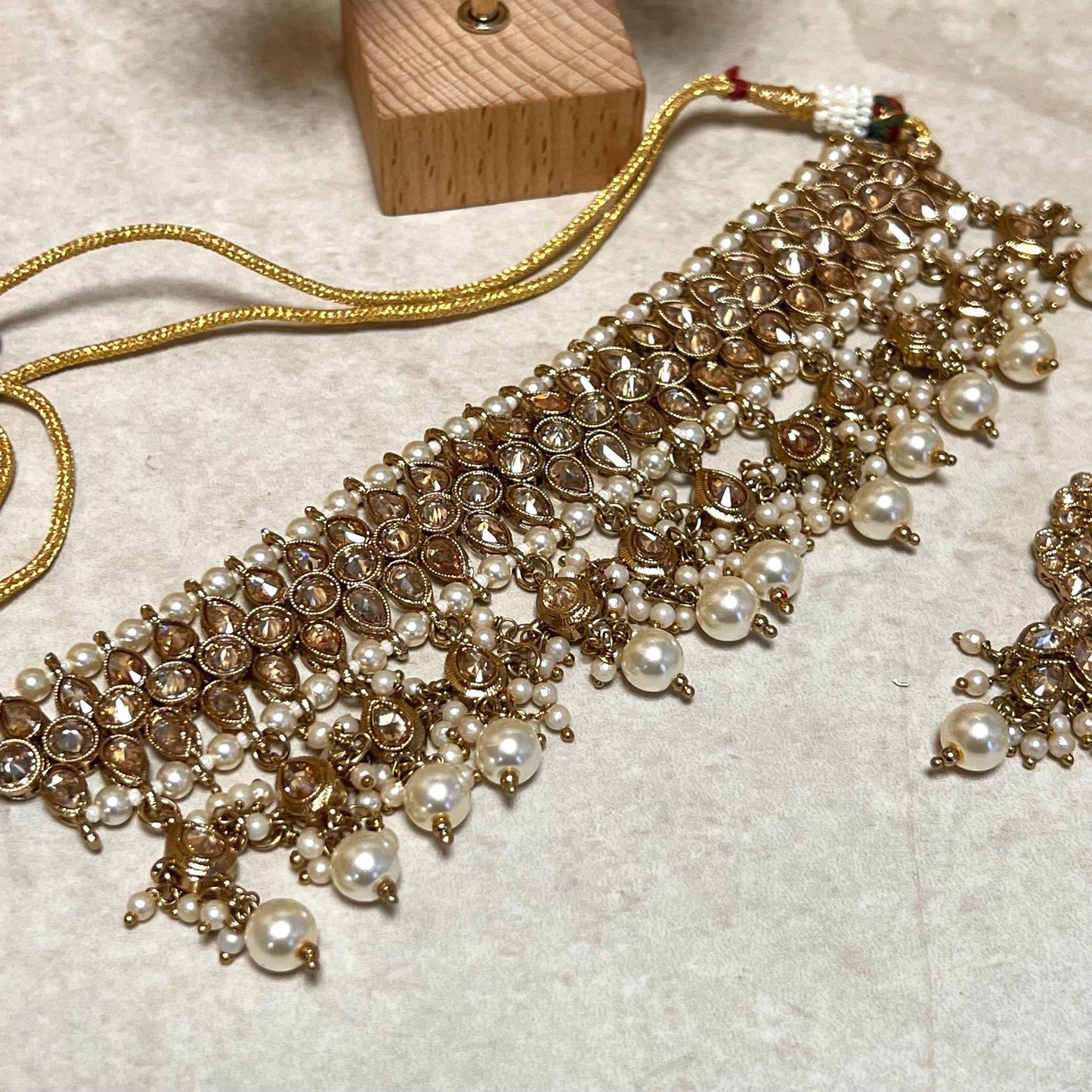 Pearl Choker Bridal Set , Antique gold with Champagne Zircon Crystals- Indian/ Pakistani Style/Bridal set/Wedding/ Gold/ Jhumka earring