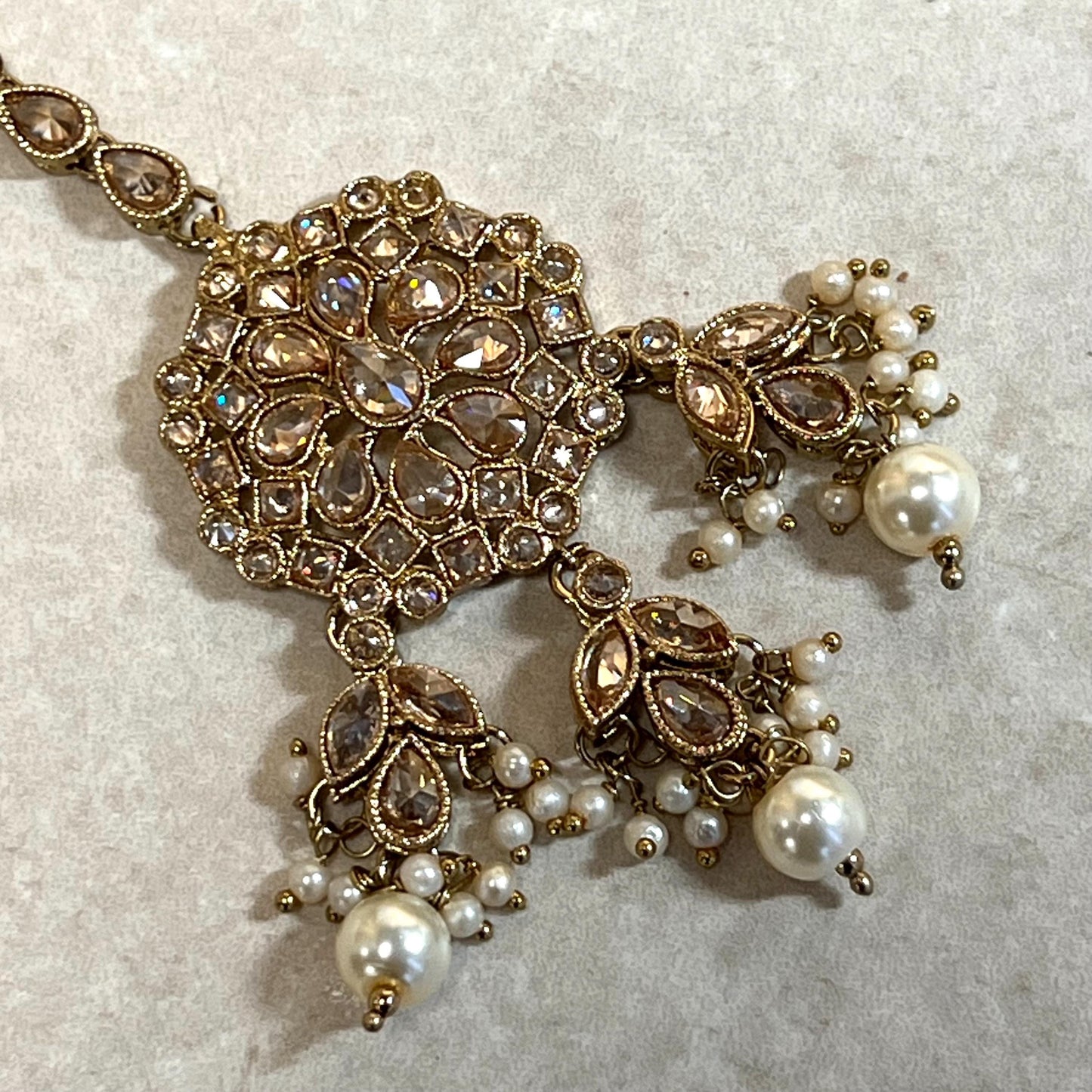 Medium Pearl Antique Gold With Champagne Zircon Crystals/Tikka Only / Tikli/ Indian/ Pakistani Fashion Jewellery/Maang Tikkas