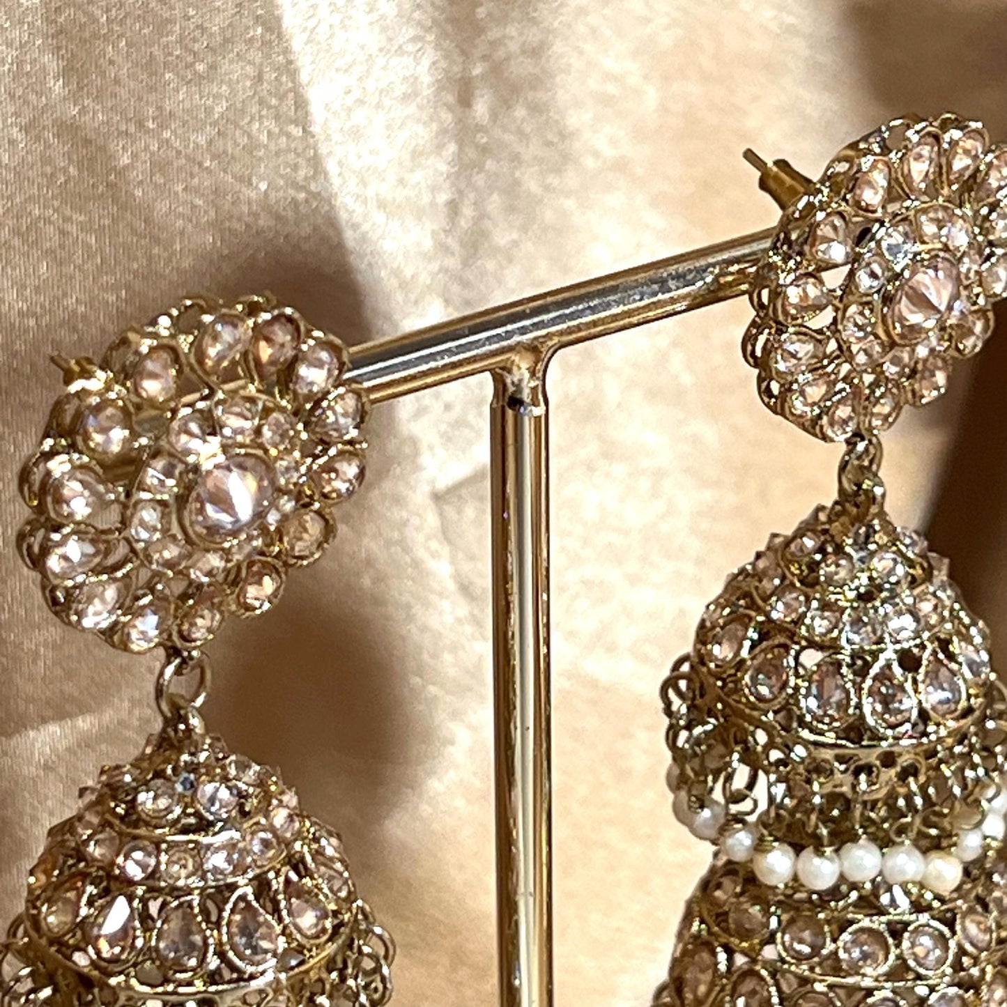 Pearl Jhumka Earring, Antique gold with Champagne Zircon Crystals- Indian/ Pakistani Style/Bridal set/Wedding/ Gold/ Jhumka earring