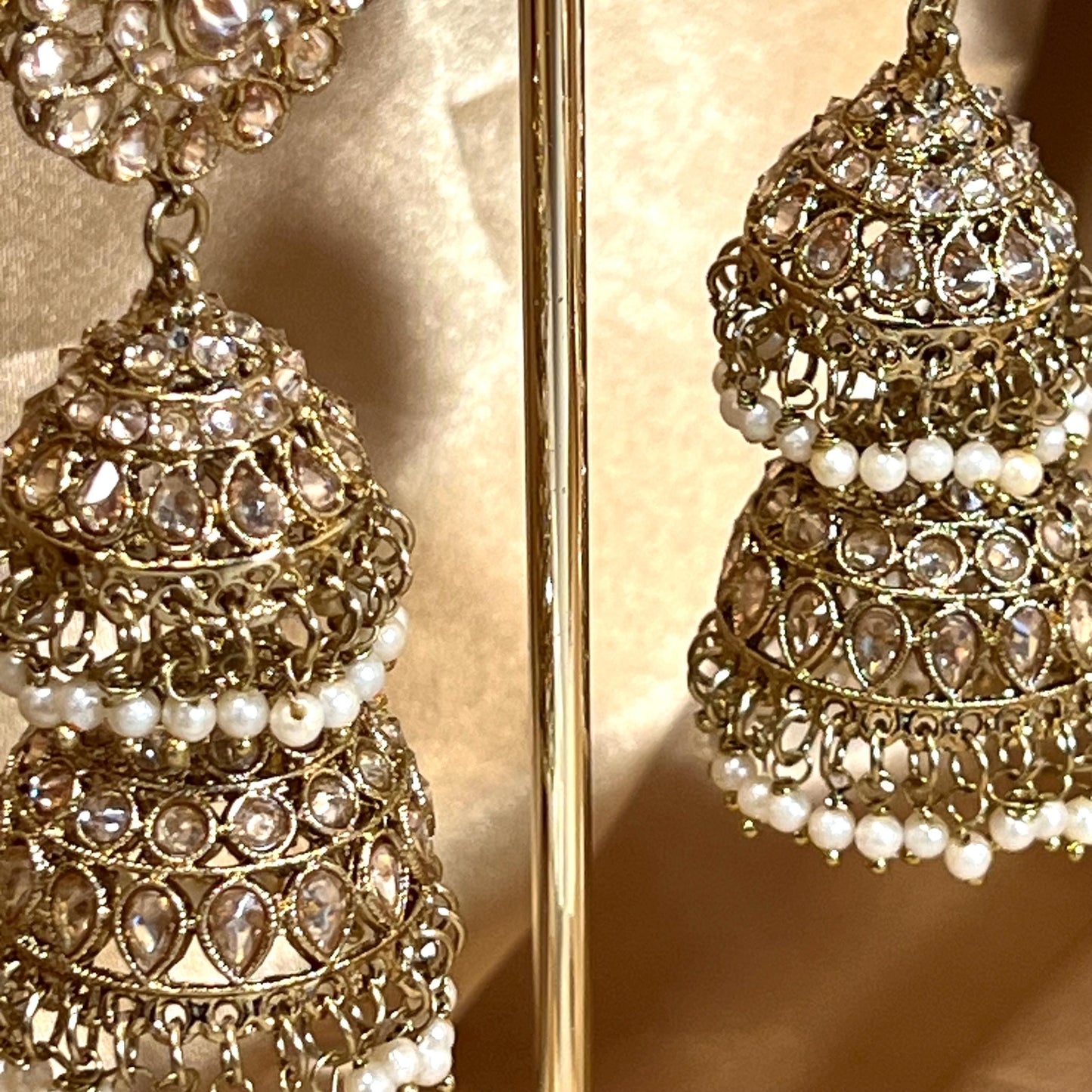Pearl Jhumka Earring, Antique gold with Champagne Zircon Crystals- Indian/ Pakistani Style/Bridal set/Wedding/ Gold/ Jhumka earring