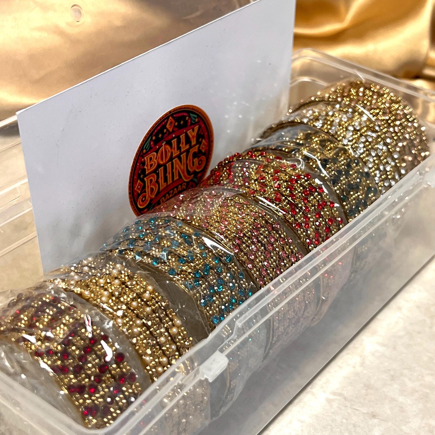 Set of 8 Rhinestone Bangles - Antique Gold Base/ Golden Stones Indian/ Pakistani/Jewelley/ Fashion Bracelet/2.6 only / Choose Colour