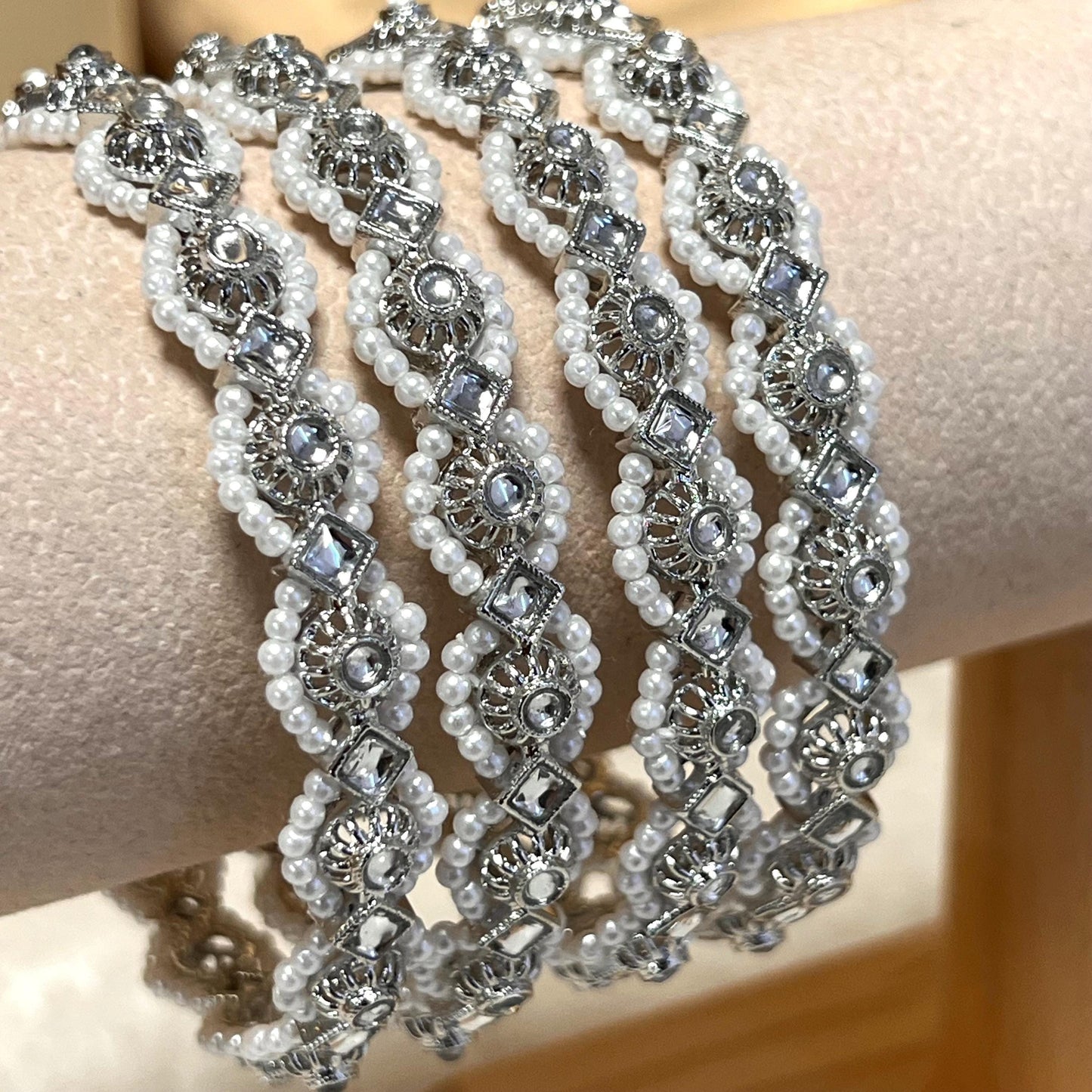 Set of 4 Silver Pearl Rhinestone/ Bangles/Indian/ Pakistani/Jewelley/ Fashion Bracelet/ 2.8 only