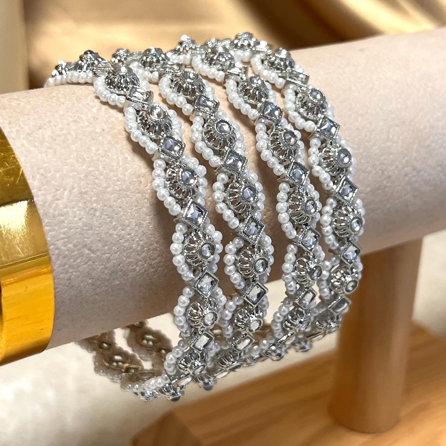 Set of 4 Silver Pearl Rhinestone/ Bangles/Indian/ Pakistani/Jewelley/ Fashion Bracelet/ 2.8 only