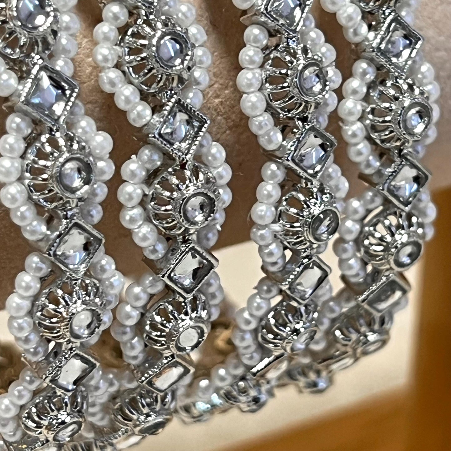 Set of 4 Silver Pearl Rhinestone/ Bangles/Indian/ Pakistani/Jewelley/ Fashion Bracelet/ 2.8 only