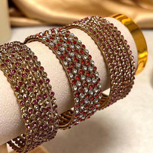 Set of 6 Rhinestone Bangles - Antique Gold Base/ Golden/ Silver Stones Indian/ Pakistani/Jewelley/ Fashion Bracelet/2.6 only / Choose Colour