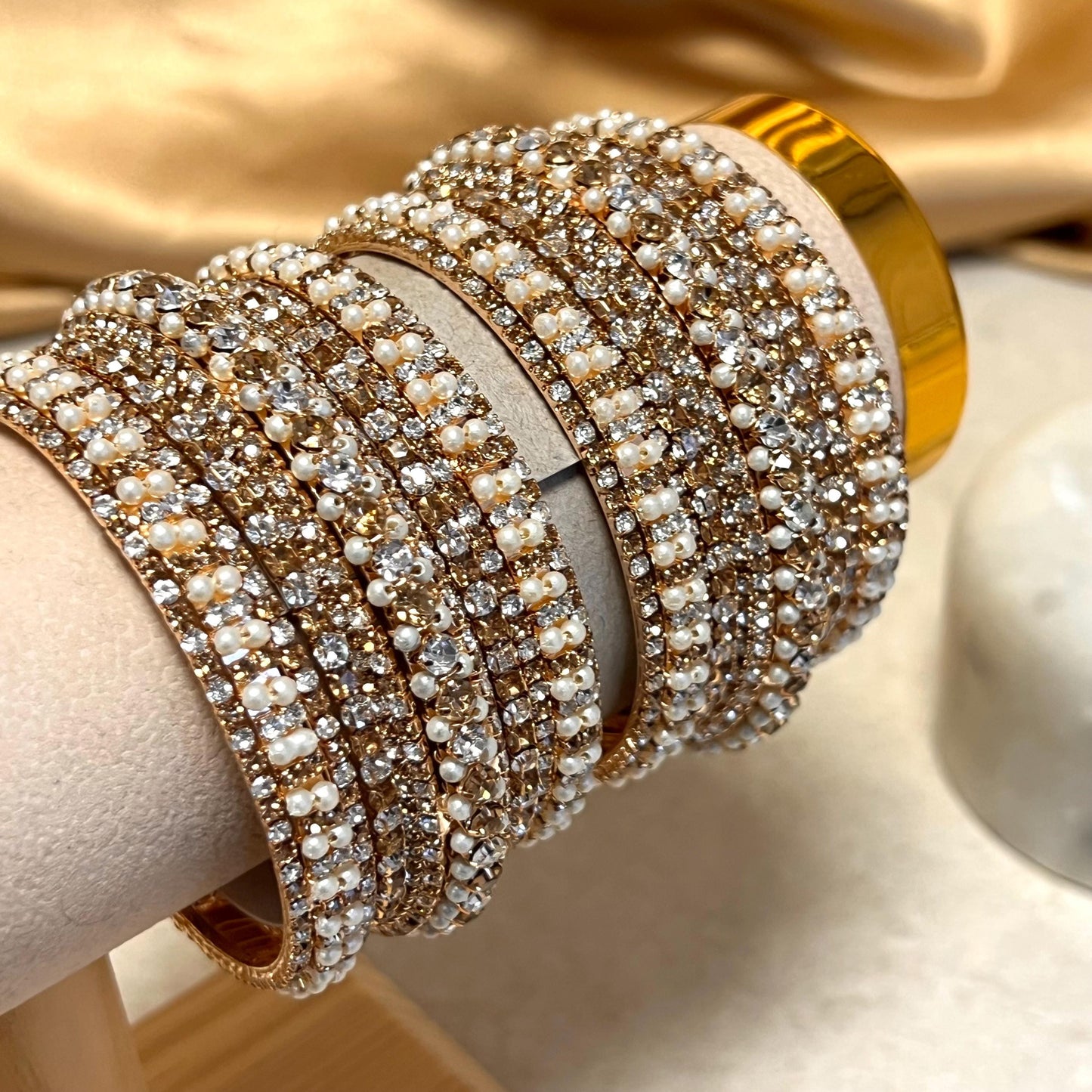 Both Arm Mini Bangle Set/ Antique Gold Base with Gold and Clear Rhinestone/ Pakistani/Jewelley/ Fashion Bracelet/2.8 only