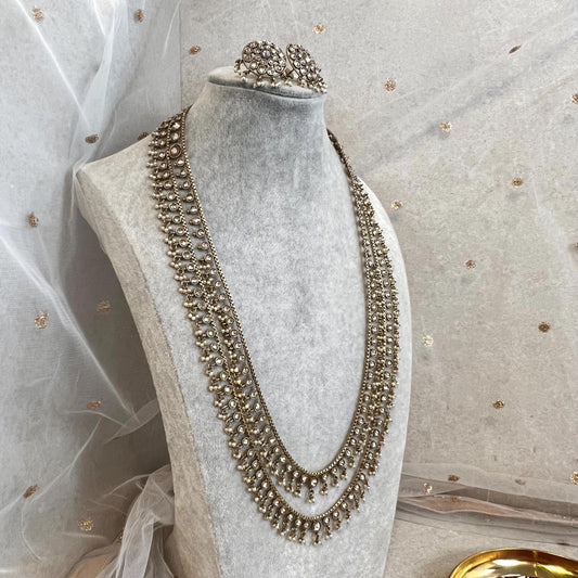 Champagne 2 Strand-Long Necklace and Earring set/Antique Gold with Zircon Crystal and Stud earring. No Tikka/ Pakistani/ Indian Fashion Set