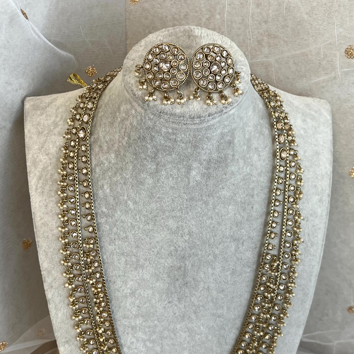 Champagne 2 Strand-Long Necklace and Earring set/Antique Gold with Zircon Crystal and Stud earring. No Tikka/ Pakistani/ Indian Fashion Set