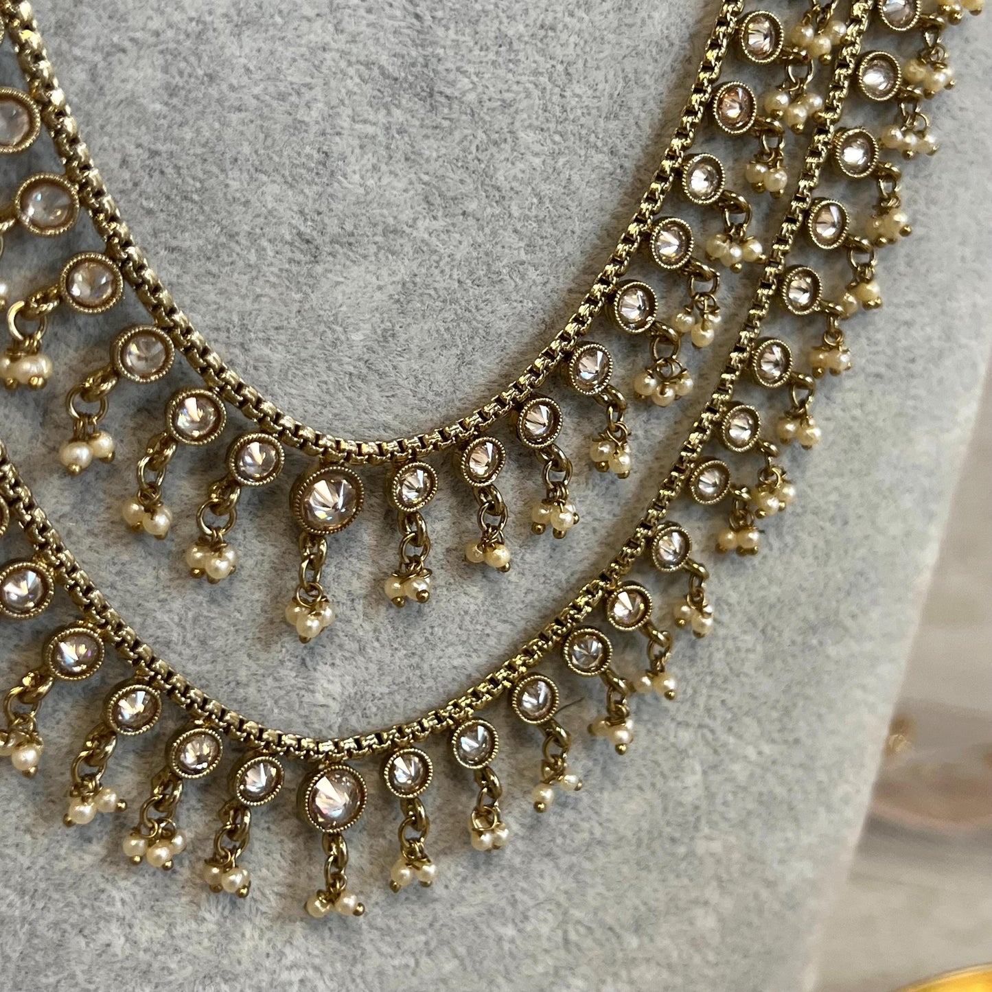 Champagne 2 Strand-Long Necklace and Earring set/Antique Gold with Zircon Crystal and Stud earring. No Tikka/ Pakistani/ Indian Fashion Set