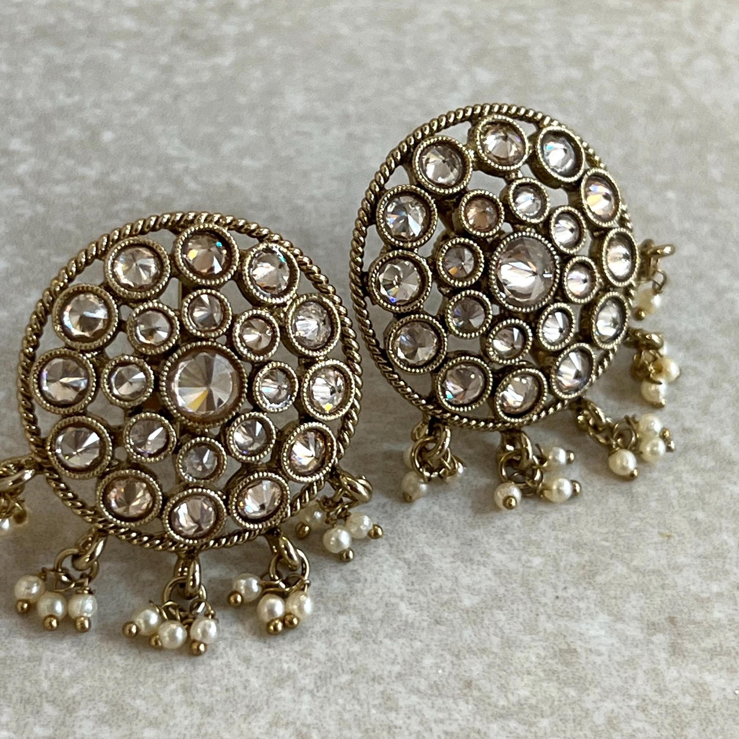 Champagne 2 Strand-Long Necklace and Earring set/Antique Gold with Zircon Crystal and Stud earring. No Tikka/ Pakistani/ Indian Fashion Set