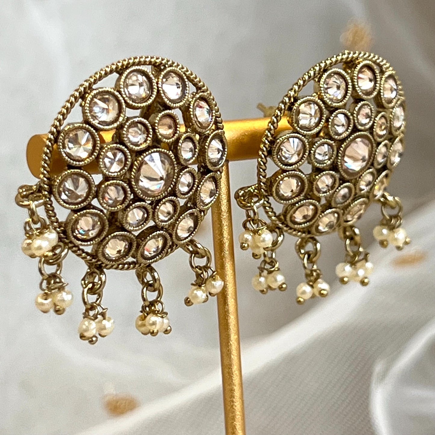 Champagne 2 Strand-Long Necklace and Earring set/Antique Gold with Zircon Crystal and Stud earring. No Tikka/ Pakistani/ Indian Fashion Set