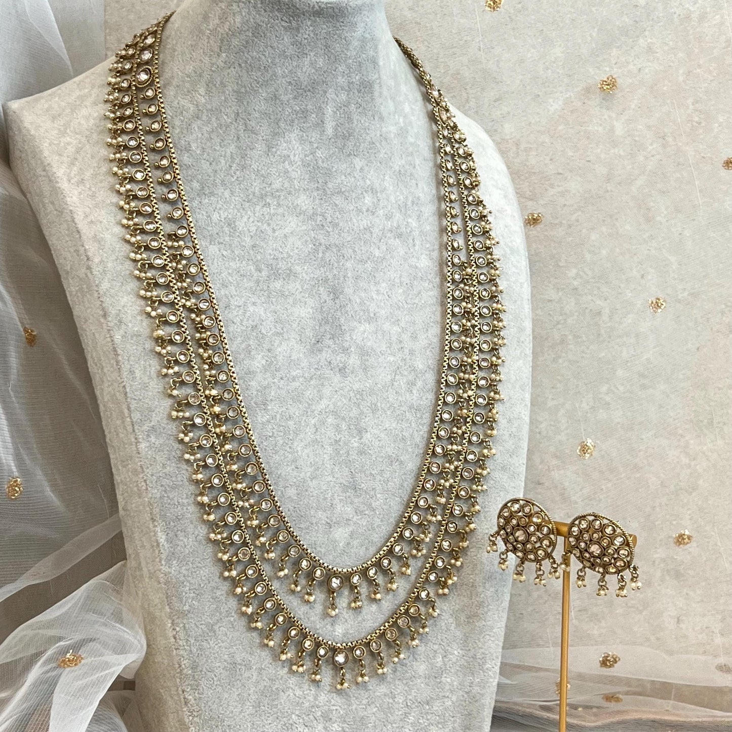 Champagne 2 Strand-Long Necklace and Earring set/Antique Gold with Zircon Crystal and Stud earring. No Tikka/ Pakistani/ Indian Fashion Set