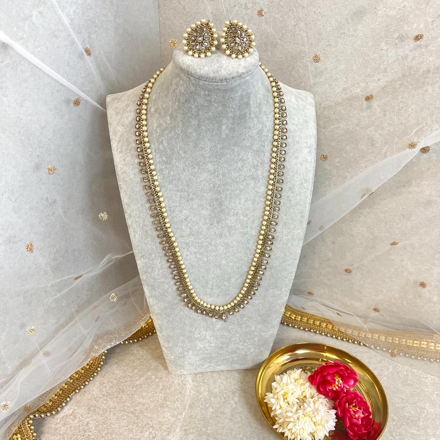 Champagne/ Pearl-Long Necklace and Earring set/Antique Gold with Zircon Crystal and Stud earring. No Tikka/ Pakistani/ Indian Fashion Set