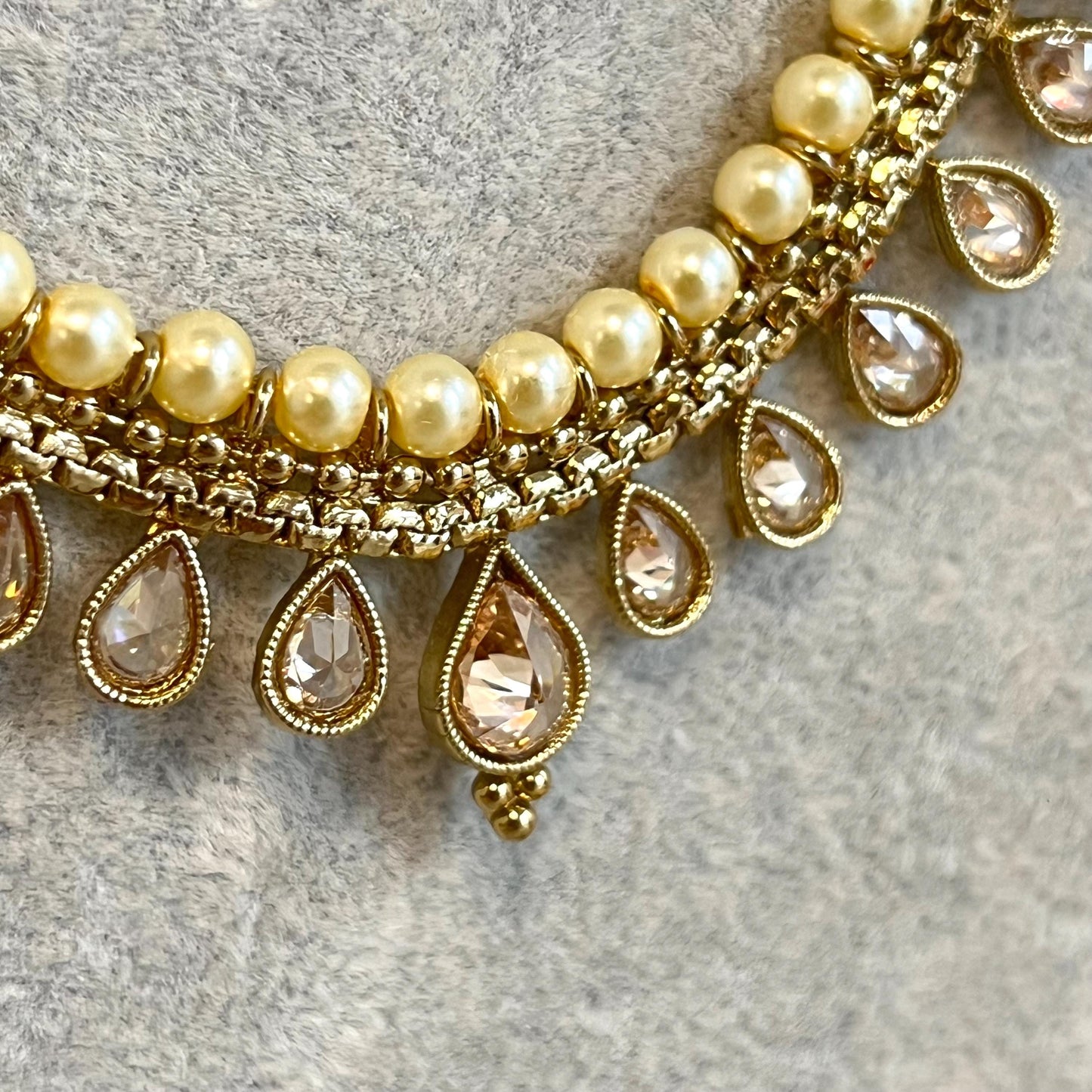 Champagne/ Pearl-Long Necklace and Earring set/Antique Gold with Zircon Crystal and Stud earring. No Tikka/ Pakistani/ Indian Fashion Set