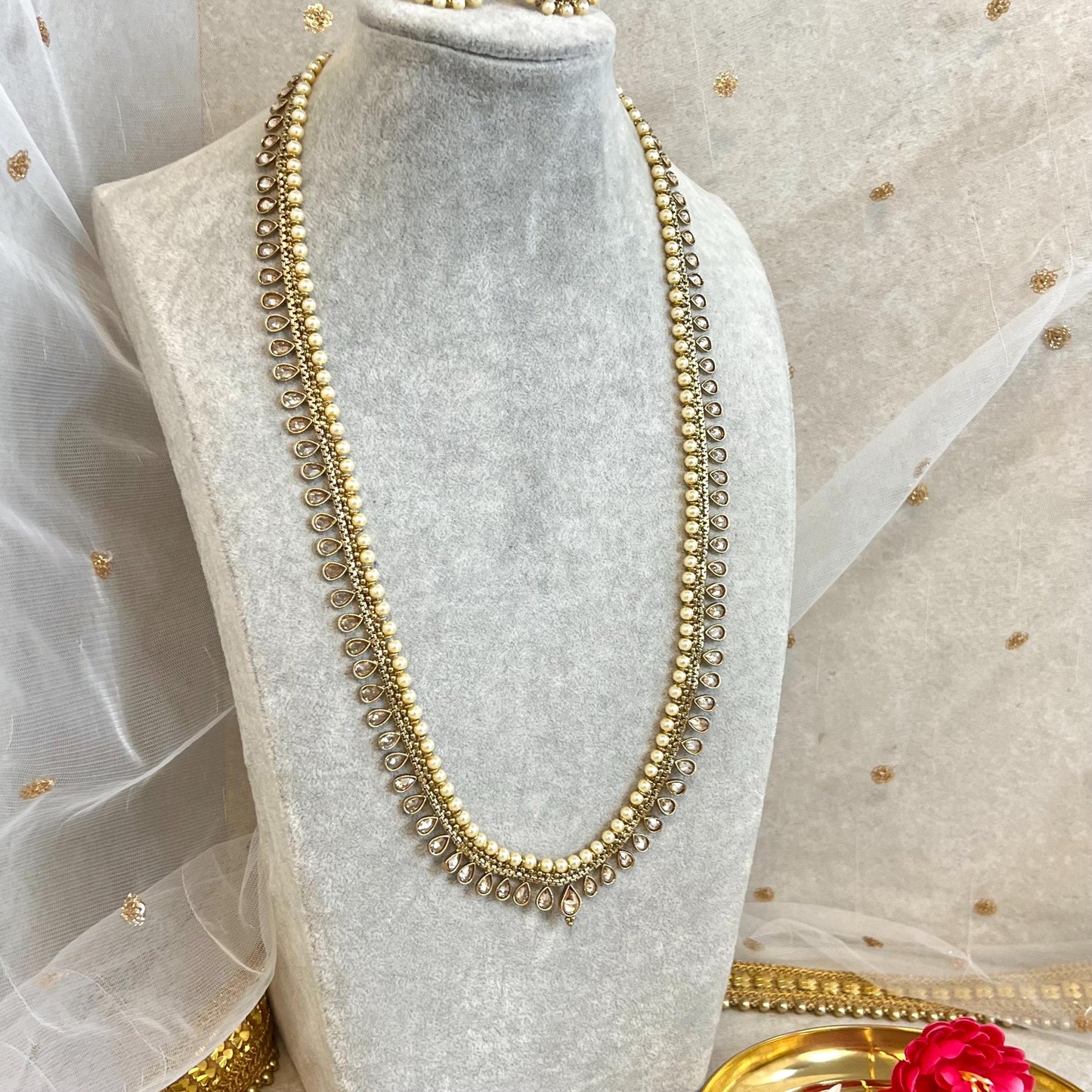 Champagne/ Pearl-Long Necklace and Earring set/Antique Gold with Zircon Crystal and Stud earring. No Tikka/ Pakistani/ Indian Fashion Set