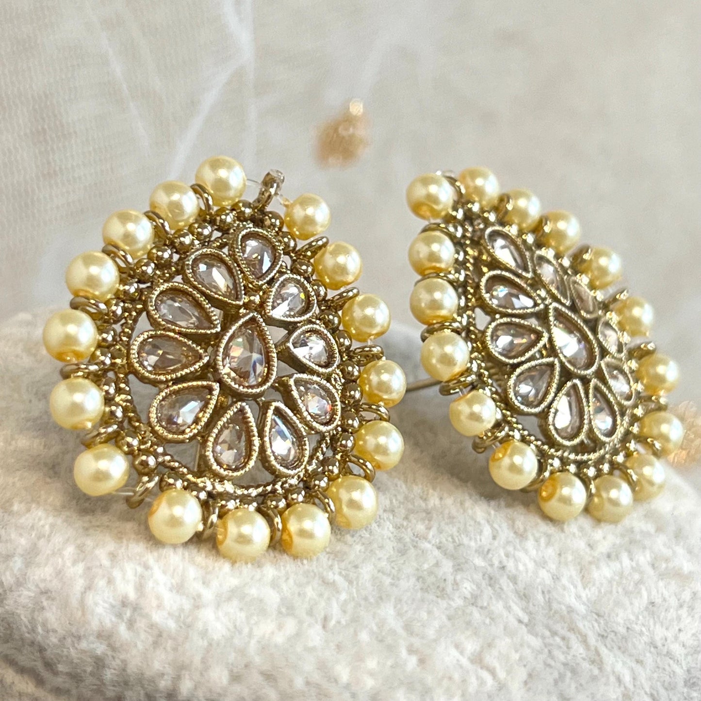 Champagne/ Pearl-Long Necklace and Earring set/Antique Gold with Zircon Crystal and Stud earring. No Tikka/ Pakistani/ Indian Fashion Set