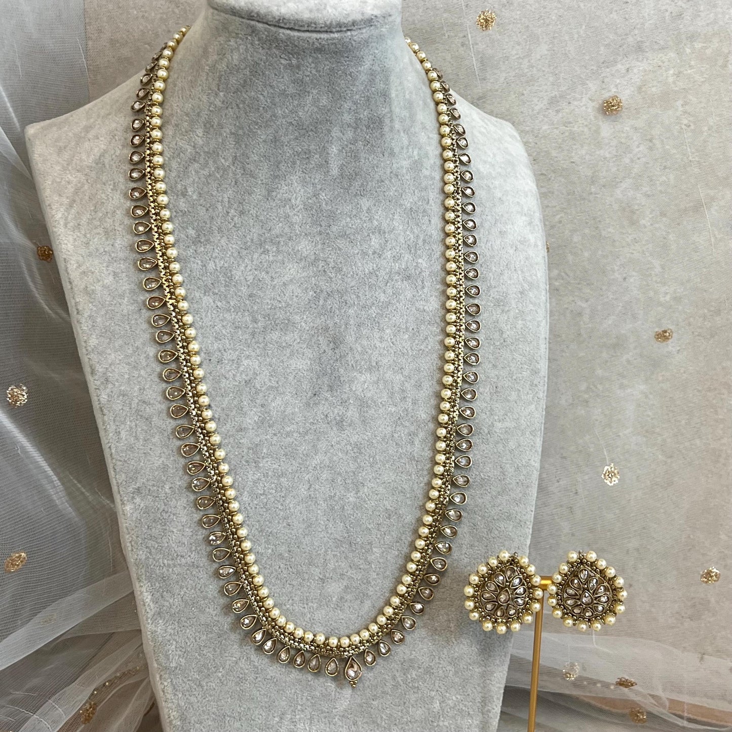 Champagne/ Pearl-Long Necklace and Earring set/Antique Gold with Zircon Crystal and Stud earring. No Tikka/ Pakistani/ Indian Fashion Set