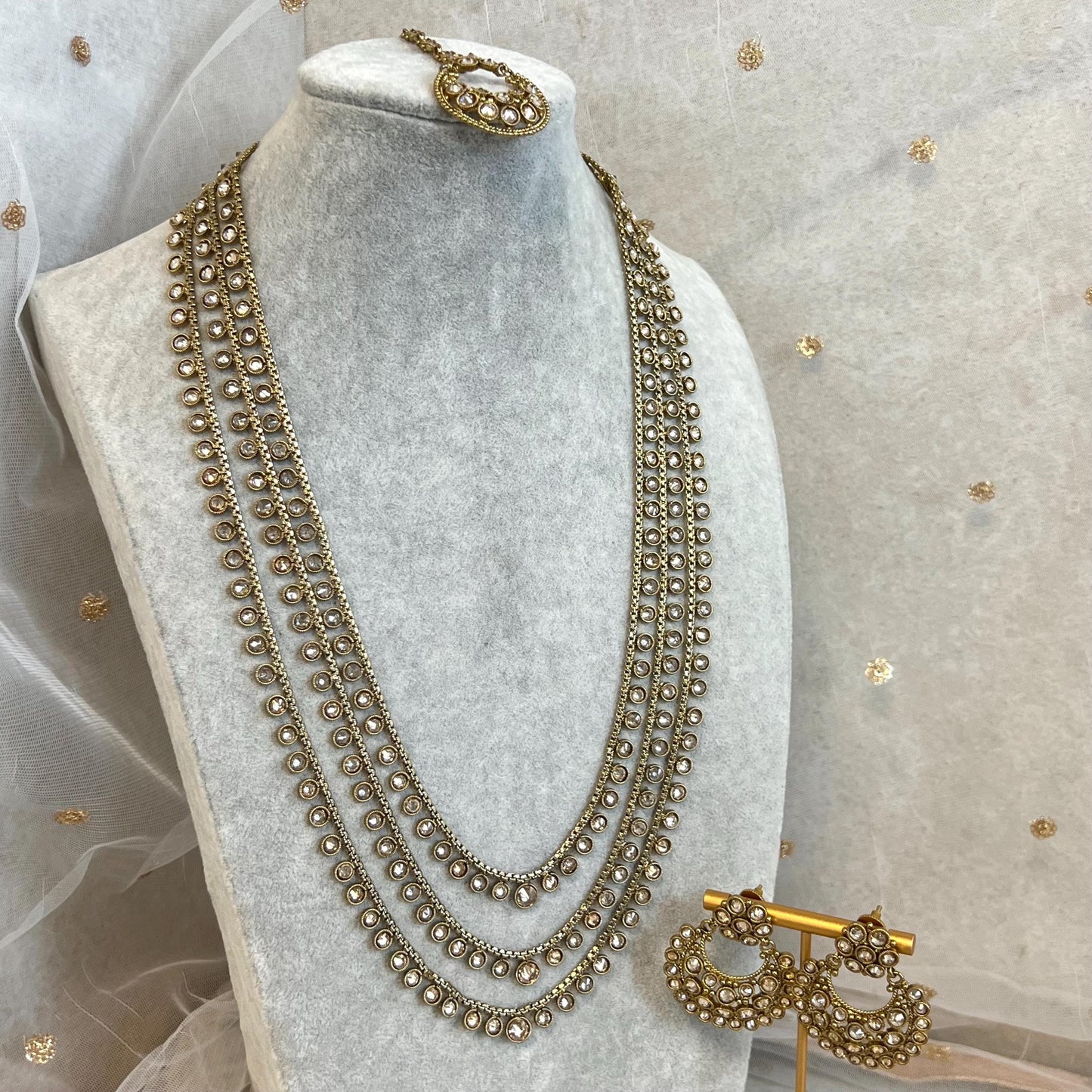 Champagne 3 Strand Long Necklace Set/ Antique Gold with Champagne Zircon Crystal, Stud earring and Tikka/ Pakistani/ Indian Fashion Set