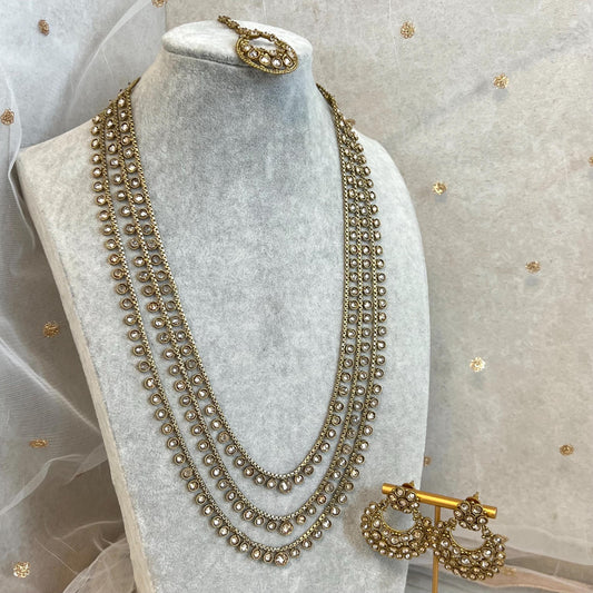 Champagne 3 Strand Long Necklace Set/ Antique Gold with Champagne Zircon Crystal, Stud earring and Tikka/ Pakistani/ Indian Fashion Set