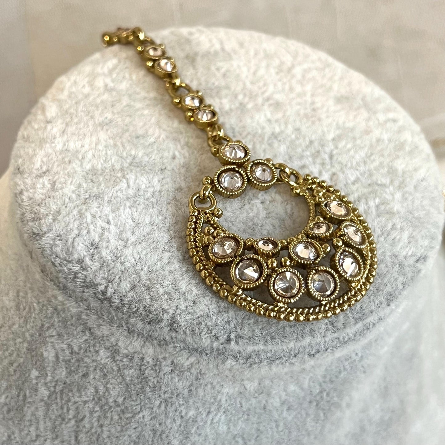 Champagne 3 Strand Long Necklace Set/ Antique Gold with Champagne Zircon Crystal, Stud earring and Tikka/ Pakistani/ Indian Fashion Set