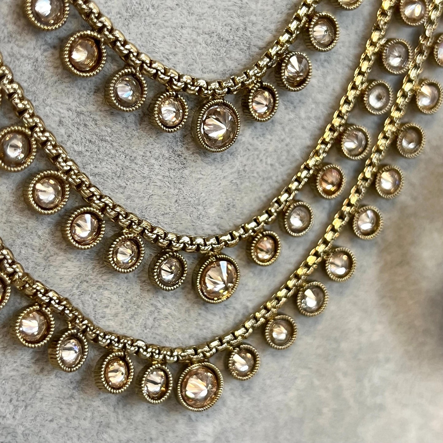 Champagne 3 Strand Long Necklace Set/ Antique Gold with Champagne Zircon Crystal, Stud earring and Tikka/ Pakistani/ Indian Fashion Set