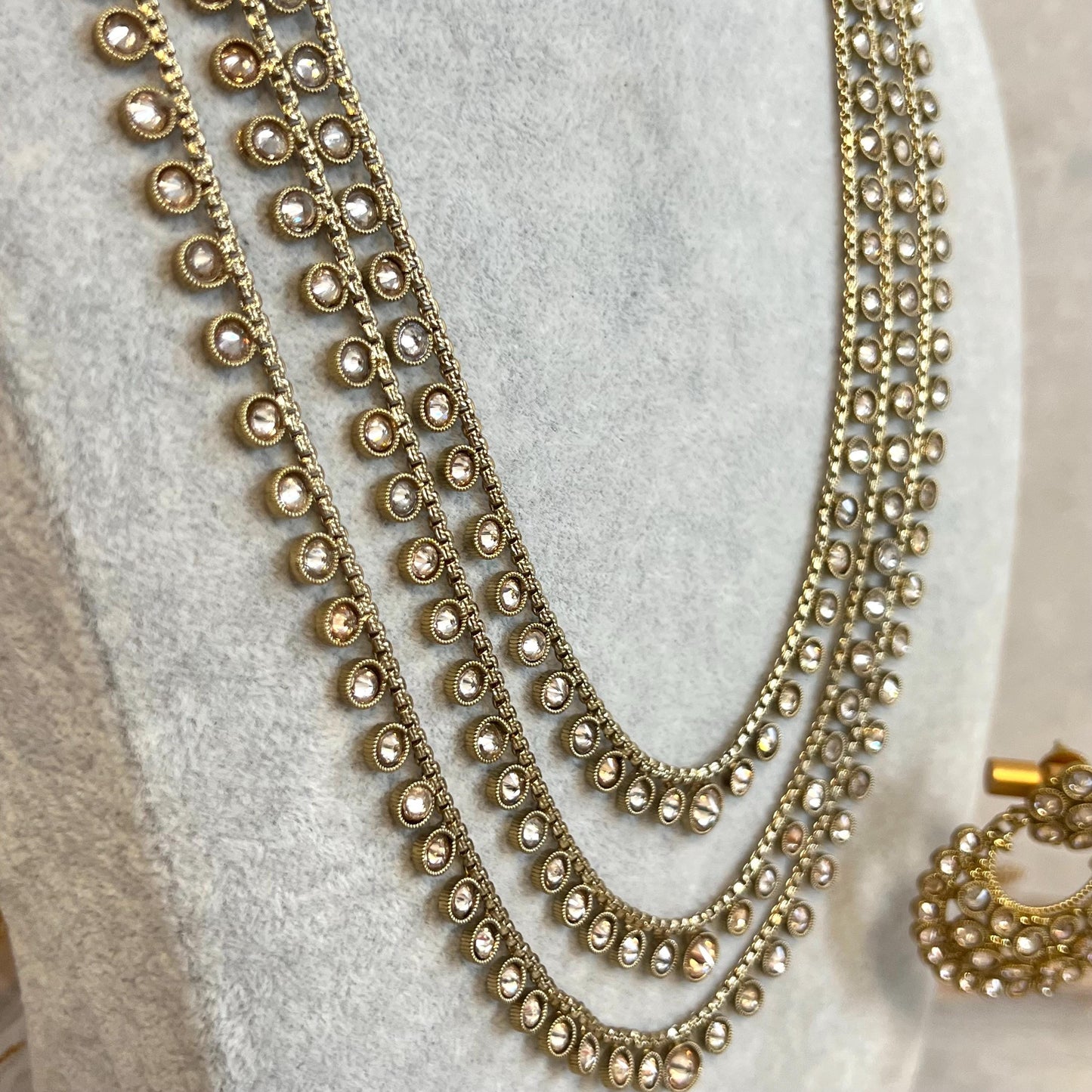 Champagne 3 Strand Long Necklace Set/ Antique Gold with Champagne Zircon Crystal, Stud earring and Tikka/ Pakistani/ Indian Fashion Set