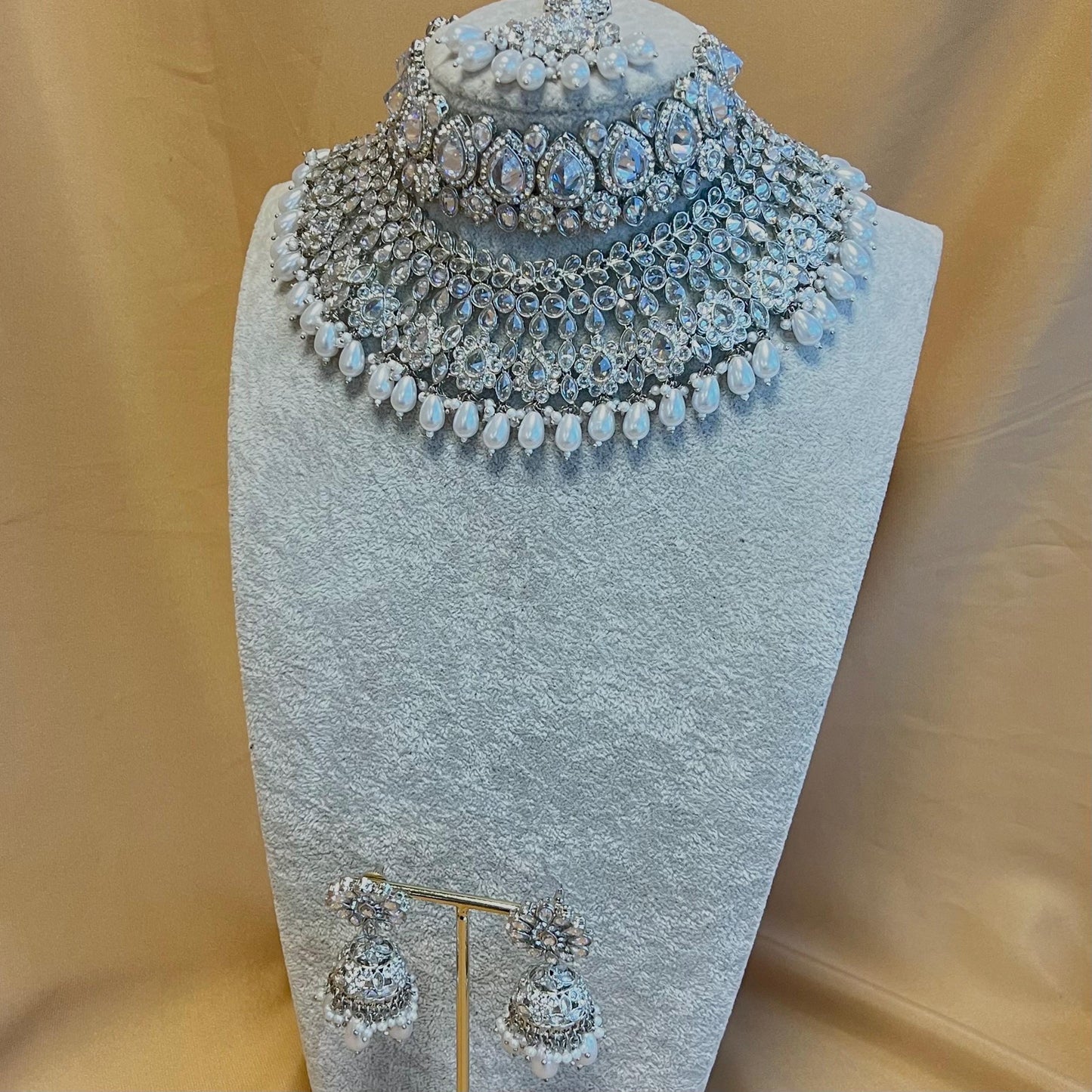 Silver Bridal Set - Pearl Indian/ Pakistani Style With Jhumka earring, Tikka/Tikli/ Wedding/ Fashion Jewellery/ Necklace set